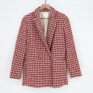 HM Womens Red Cream Houndstooth Double Breasted Blazer Jacket Size 2